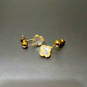 Gold Clover Mother-of-Pearl Drop Stud Earrings